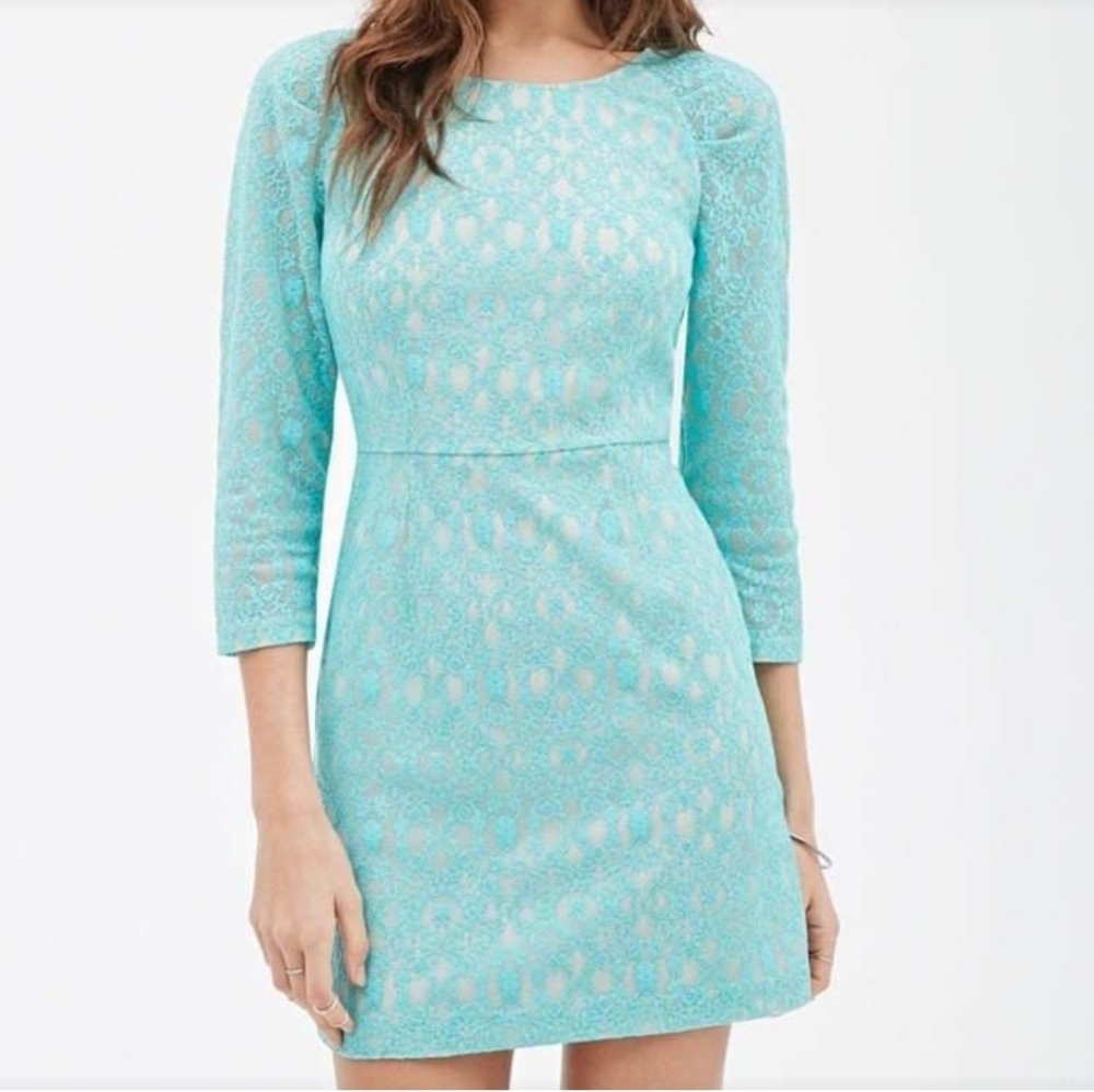 Forever 21 Turquoise Nude Lace Overlay 3/4 Sleeve Bodycon Dress Womens Small